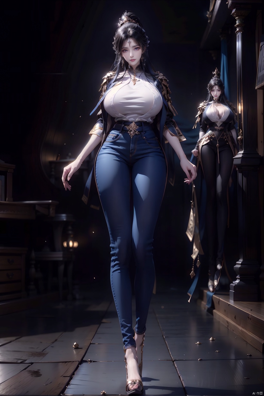  8k, [Masterpiece], standing, background blur, black background, staring at the viewer, simple background, Quality, Masterpiece, Ultra High resolution, Shadow, Full Body Portrait, full body, Girl, long black hair, Hidden hands, Large breasts, black turtleneck, dark blue skinny jeans, Heels, full body, Standing, black background, detailed eyes, Masterpiece, long legs