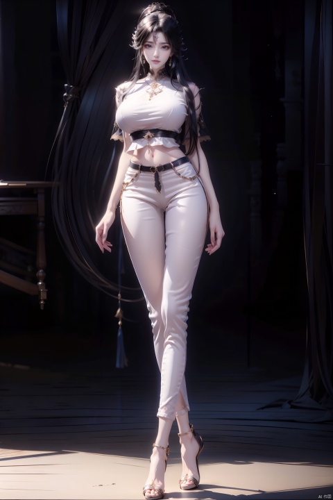 8k, [Masterpiece], standing, background blur, black background, staring at the viewer, simple background, Quality, Masterpiece, Ultra High resolution, Shadow, Full Body Portrait, full body, Girl, long black hair, Hidden hands, large breasts, white high neck Short sleeve, white high neck, navel, black skinny jeans, high Heels Full body, standing, black background, detailed eyes, Masterpiece, long legs