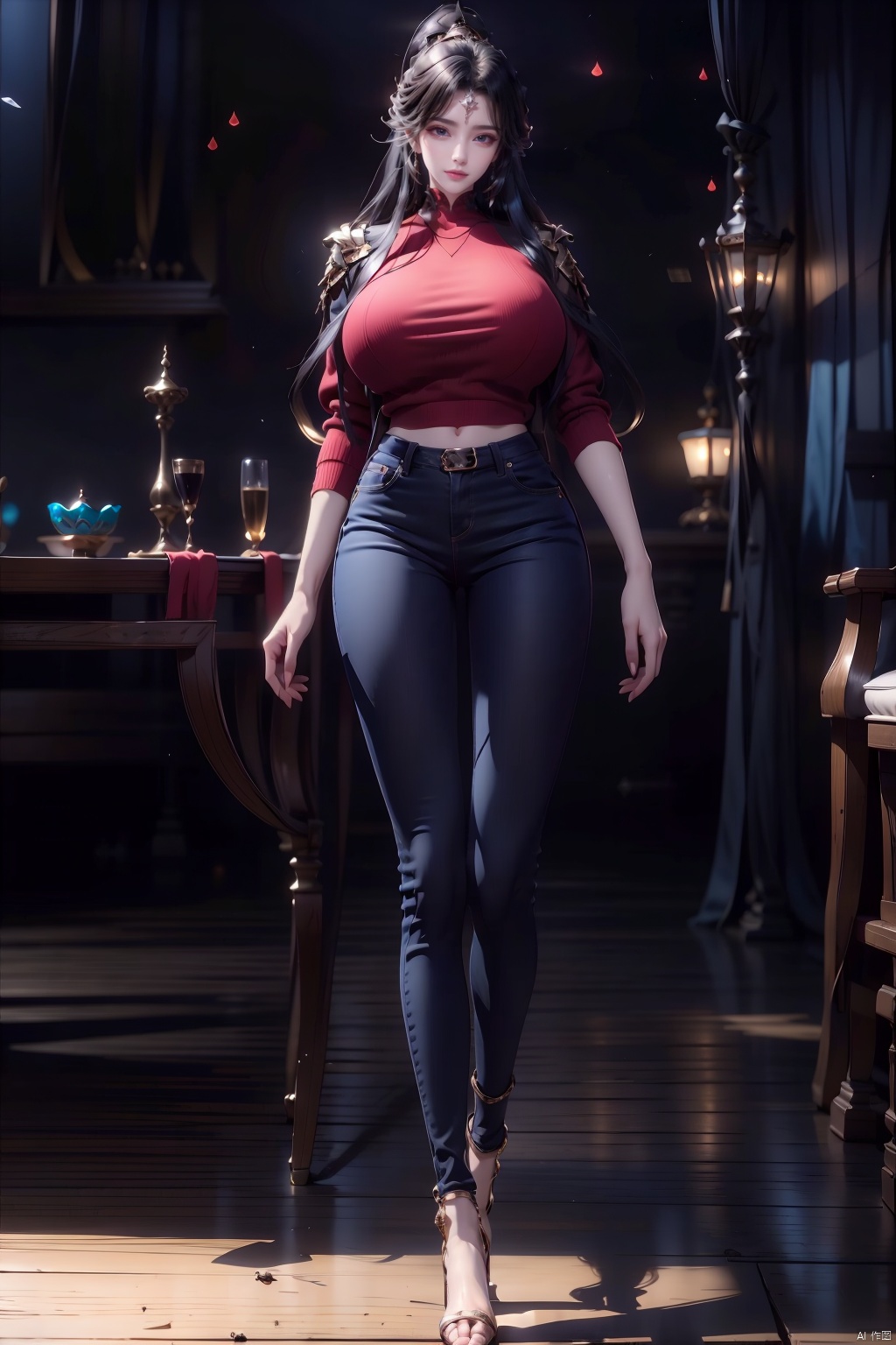  8k, [Masterpiece], standing, background blur, black background, staring at the viewer, simple background, Quality, Masterpiece, Ultra High resolution, Shadow, Full Body Portrait, full body, Girl, long black hair, Hidden hands, Large breasts, black turtleneck, dark blue skinny jeans, Heels, full body, Standing, black background, detailed eyes, Masterpiece, long legs