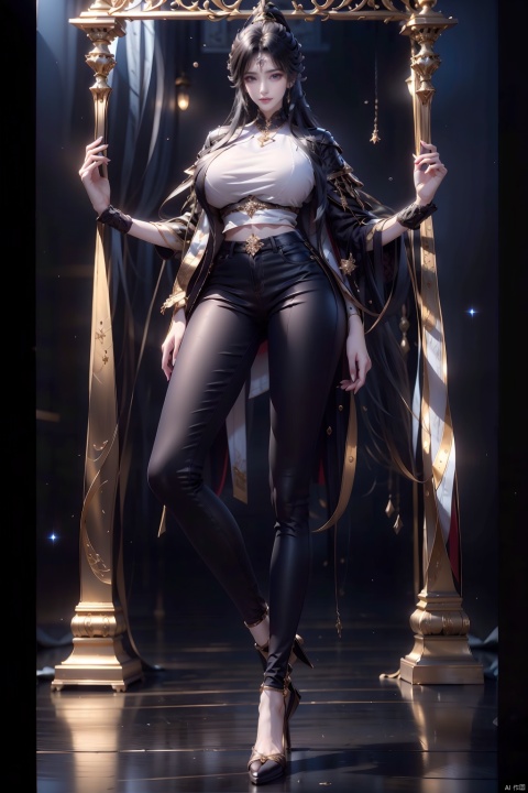  8k, [Masterpiece], standing, background blur, black background, staring at the viewer, simple background, Quality, Masterpiece, Ultra High resolution, Shadow, Full Body Portrait, full body, Girl, long black hair, Hidden hands, Large breasts, black turtleneck, dark blue skinny jeans, Heels, full body, Standing, black background, detailed eyes, Masterpiece, long legs