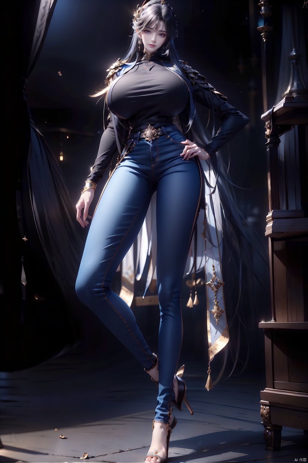  8k, [Masterpiece], standing, background blur, black background, staring at the viewer, simple background, Quality, Masterpiece, Ultra High resolution, Shadow, Full Body Portrait, full body, Girl, long black hair, Hidden hands, Large breasts, black turtleneck, dark blue skinny jeans, Heels, full body, Standing, black background, detailed eyes, Masterpiece, long legs