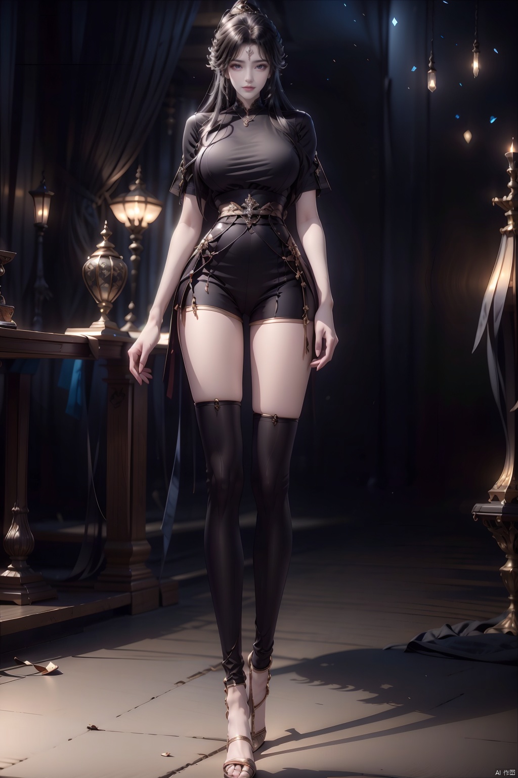  8k, [Masterpiece], standing, background blur, black background, staring at the viewer, simple background, Quality, Masterpiece, Ultra High resolution, Shadow, Full Body Portrait, full body, Girl, long black hair, Hidden hands, Large breasts, black turtleneck, dark blue skinny jeans, Heels, full body, Standing, black background, detailed eyes, Masterpiece, long legs