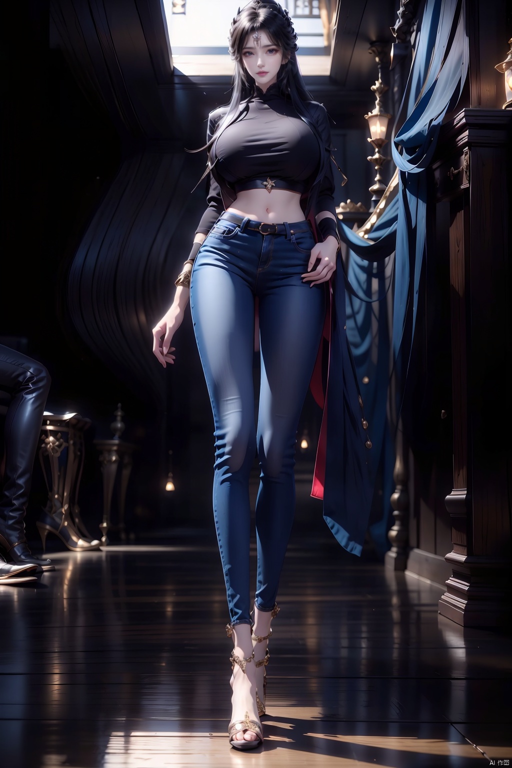  8k, [Masterpiece], standing, background blur, black background, staring at the viewer, simple background, Quality, Masterpiece, Ultra High resolution, Shadow, Full Body Portrait, full body, Girl, long black hair, Hidden hands, Large breasts, black turtleneck, dark blue skinny jeans, Heels, full body, Standing, black background, detailed eyes, Masterpiece, long legs