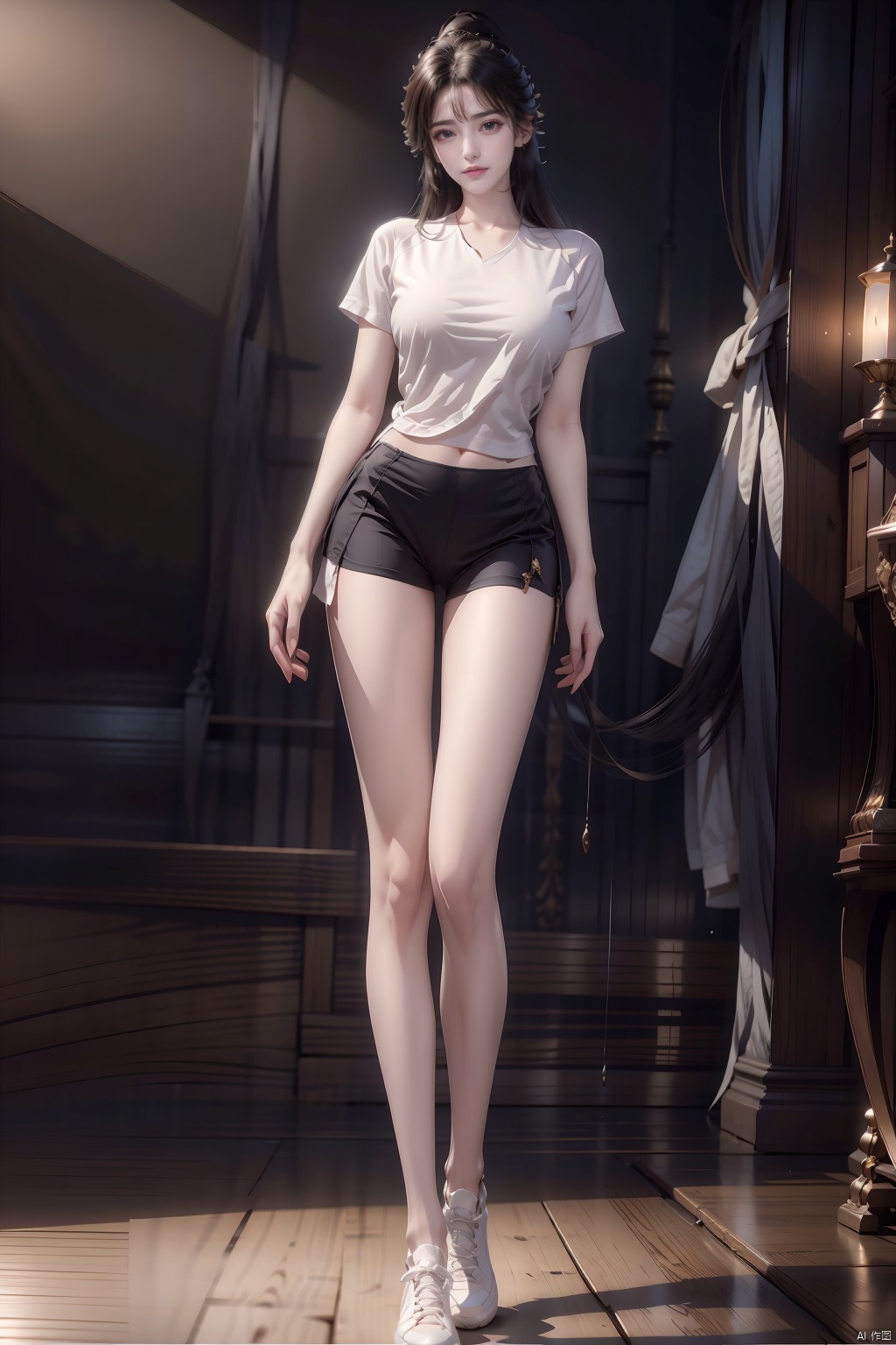  8k, [Masterpiece], standing, background blur, black background, staring at the viewer, Simple background, Quality, Masterpiece, Ultra High resolution, Shadow, Full Body Portrait, full body, Girl, long black hair, Hidden hands, large breasts, white yoga wear, white short sleeves, white tights, sneakers, full body, Standing, Black background, detailed eyes, Masterpiece, long legs