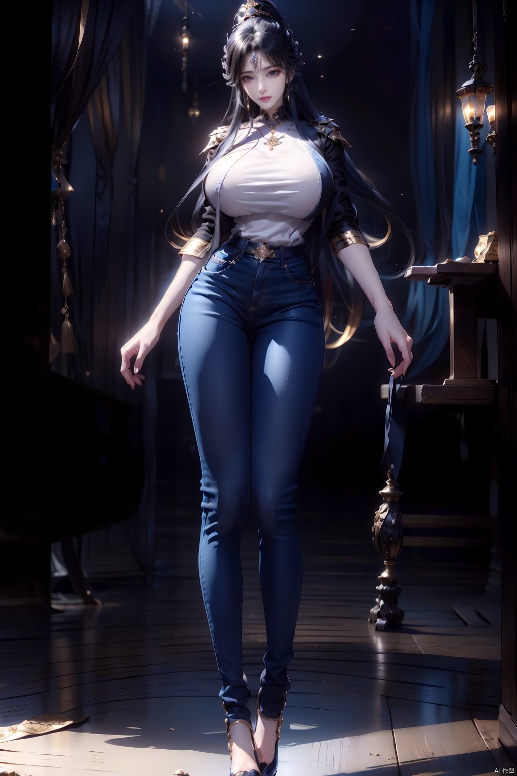  8k, [Masterpiece], standing, background blur, black background, staring at the viewer, simple background, Quality, Masterpiece, Ultra High resolution, Shadow, Full Body Portrait, full body, Girl, long black hair, Hidden hands, Large breasts, black turtleneck, dark blue skinny jeans, Heels, full body, Standing, black background, detailed eyes, Masterpiece, long legs