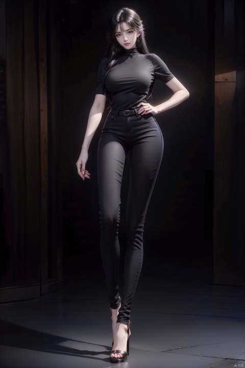  8k, [Masterpiece], standing, background blur, black background, staring at the viewer, simple background, Quality, Masterpiece, Ultra High resolution, Shadow, Full Body Portrait, full body, Girl, long black hair, Hidden hands, Large breasts, black turtleneck, ink blue skinny jeans, high heels, full body, standing, black background, detailed eyes, Masterpiece, long legs