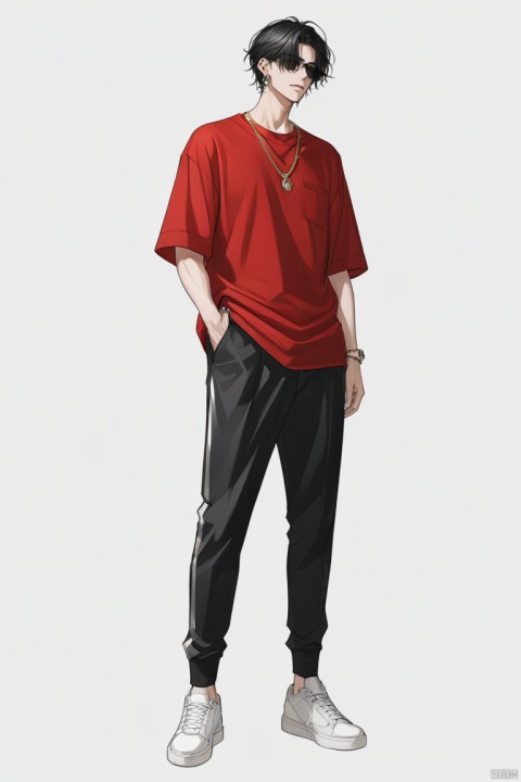  (best quality), ((masterpiece)), (highres), illustration, original, extremely detailed,solo, 1boy, male focus, simple background, white background, jewelry, red shirt, full body, black hair, shirt, shoes, pants, hands in pockets, necklace, earrings, black pants, looking at viewer, short hair, sneakers, standing, white footwear, ear piercing, closed mouth, hair over one eye, piercing, grey footwear