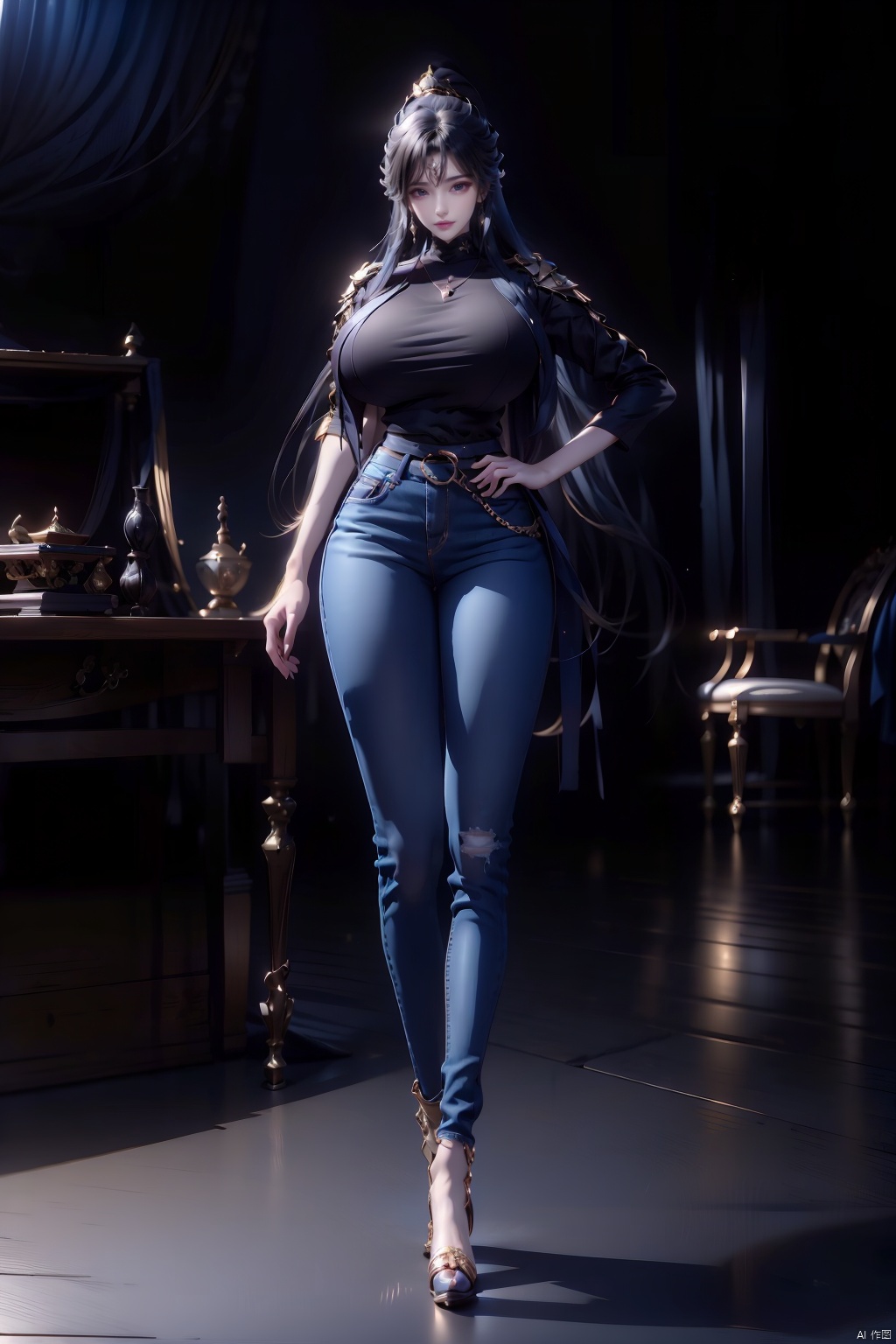  8k, [Masterpiece], standing, background blur, black background, staring at the viewer, simple background, Quality, Masterpiece, Ultra High resolution, Shadow, Full Body Portrait, full body, Girl, long black hair, Hidden hands, Large breasts, black turtleneck, dark blue skinny jeans, Heels, full body, Standing, black background, detailed eyes, Masterpiece, long legs