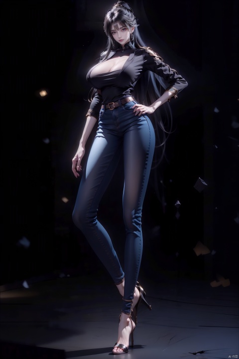  8k, [Masterpiece], standing, background blur, black background, staring at the viewer, simple background, Quality, Masterpiece, Ultra High resolution, Shadow, Full Body Portrait, full body, Girl, long black hair, Hidden hands, Large breasts, black turtleneck, dark blue skinny jeans, Heels, full body, Standing, black background, detailed eyes, Masterpiece, long legs