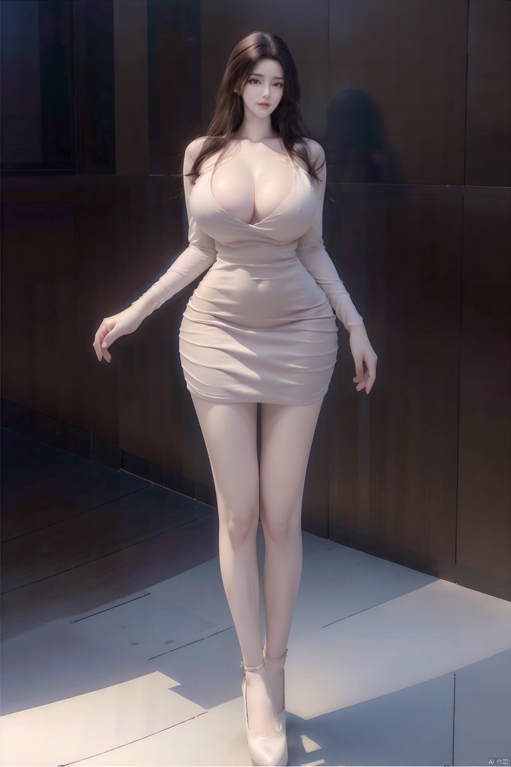 8k, [Masterpiece], standing, blurred background, black background, staring at the viewer, Simple background, Quality, Masterpiece, Ultra High resolution, Shadow, Full body Portrait, full body, Girl, HUBG Kafka, (purple hair), Kafka hairstyle, Hidden hand, (Big breast:1.7), dress, (brown dress :1.5), Heels, full body, Standing, Detailed eyes, black heels, masterpieces, long legs,ll-hd