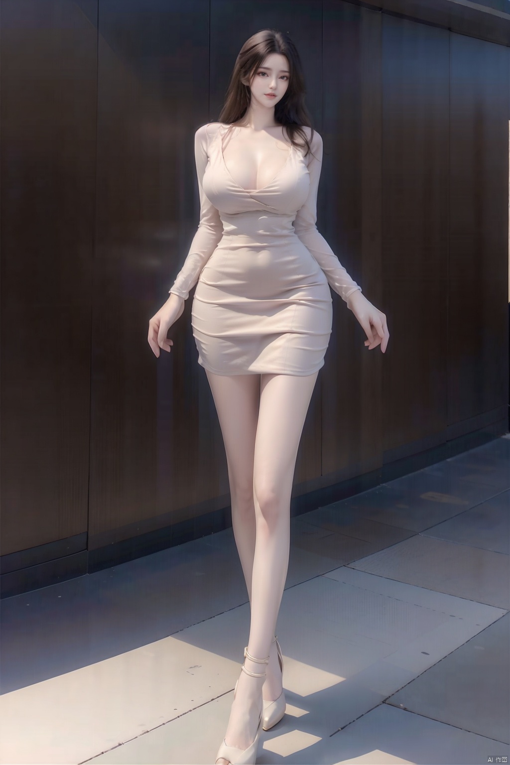 8k, [Masterpiece], standing, blurred background, black background, staring at the viewer, Simple background, Quality, Masterpiece, Ultra High resolution, Shadow, Full body Portrait, full body, Girl, HUBG Kafka, (purple hair), Kafka hairstyle, Hidden hand, (Big breast), dress, (brown dress :1.5), Heels, full body, Standing, Detailed eyes, black heels, masterpieces, long legs