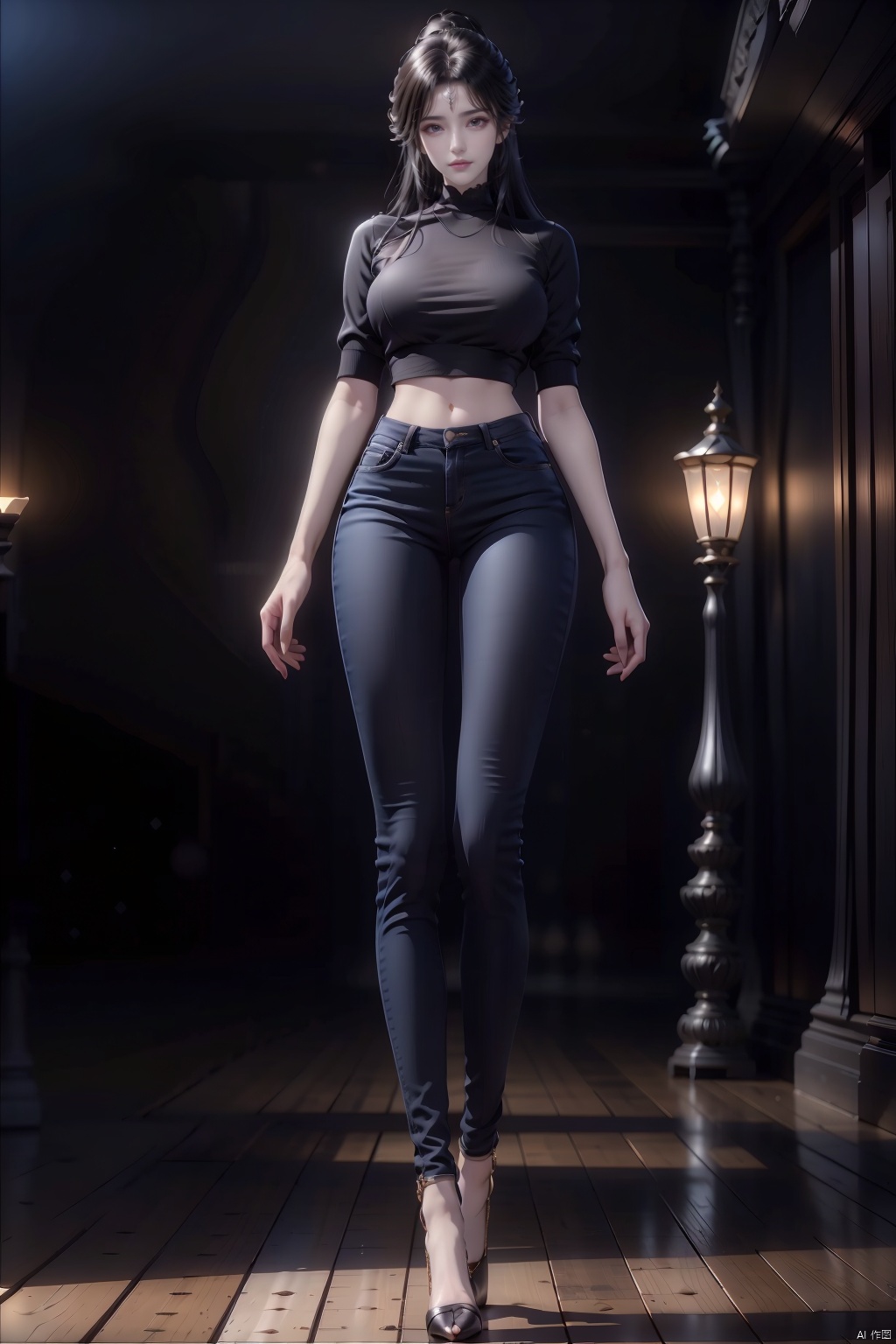 8k, [Masterpiece], standing, background blur, black background, staring at the viewer, simple background, Quality, Masterpiece, Ultra High resolution, Shadow, Full Body Portrait, full body, Girl, long black hair, Hidden hands, Large breasts, black turtleneck, dark blue skinny jeans, Heels, full body, Standing, black background, detailed eyes, Masterpiece, long legs