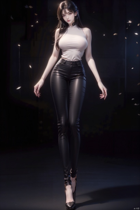  8k, [Masterpiece], standing, background blur, black background, staring at the viewer, simple background, Quality, Masterpiece, Ultra High resolution, Shadow, Full Body Portrait, full body, Girl, long black hair, Hidden hands, Large breasts, black turtleneck, ink blue skinny jeans, high heels, full body, standing, black background, detailed eyes, Masterpiece, long legs