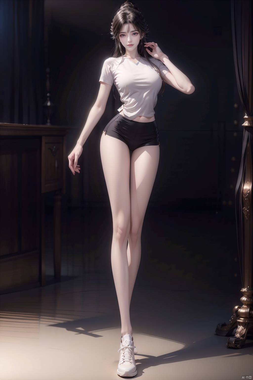  8k, [Masterpiece], standing, background blur, black background, staring at the viewer, Simple background, Quality, Masterpiece, Ultra High resolution, Shadow, Full Body Portrait, full body, Girl, long black hair, Hidden hands, large breasts, white yoga wear, white short sleeves, white tights, sneakers, full body, Standing, Black background, detailed eyes, Masterpiece, long legs