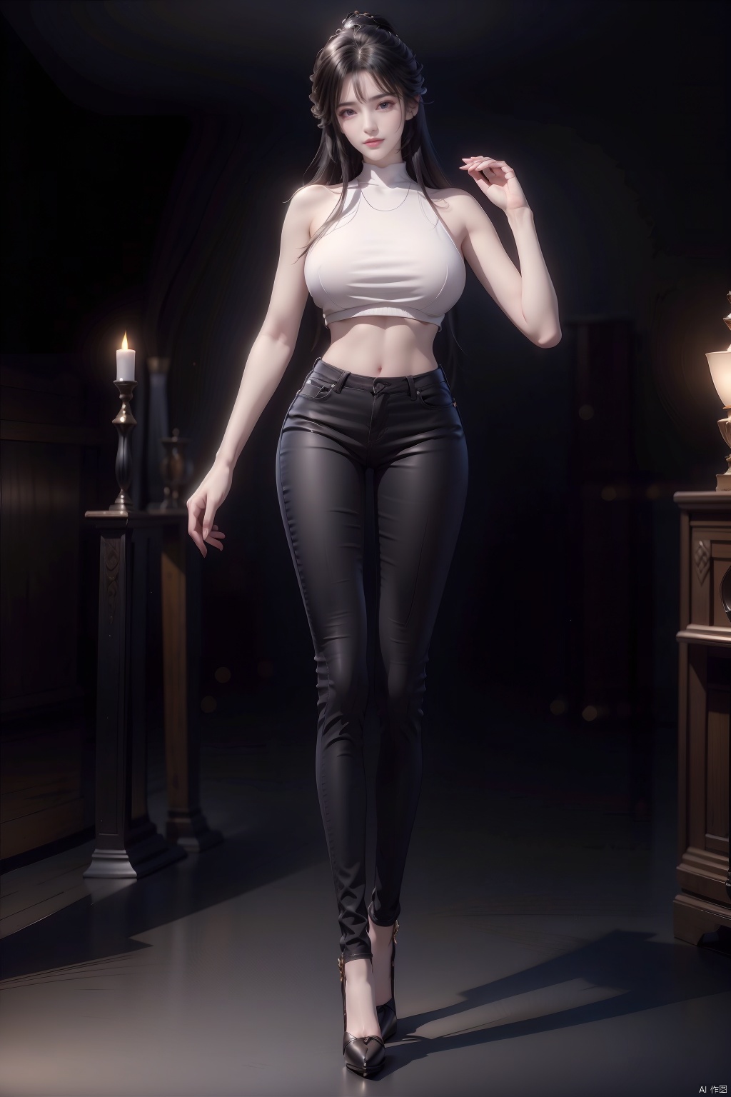  8k, [Masterpiece], standing, background blur, black background, staring at the viewer, simple background, Quality, Masterpiece, Ultra High resolution, Shadow, Full Body Portrait, full body, Girl, long black hair, Hidden hands, Large breasts, black turtleneck, ink blue skinny jeans, high heels, full body, standing, black background, detailed eyes, Masterpiece, long legs