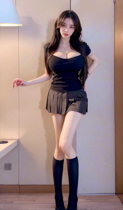  1 Girl, pendant necklace, sexy secretary, long legs,office secretary, (OL uniform :2.0), tie, cleavage, big breasts, charm, fun, stockings, lace, nsfw0.9, body writing, sexy tattoo, office, whole body, sunshine, artistic light, atmosphere, (Fairy)