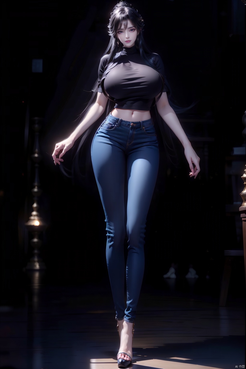  8k, [Masterpiece], standing, background blur, black background, staring at the viewer, simple background, Quality, Masterpiece, Ultra High resolution, Shadow, Full Body Portrait, full body, Girl, long black hair, Hidden hands, Large breasts, black turtleneck, dark blue skinny jeans, Heels, full body, Standing, black background, detailed eyes, Masterpiece, long legs