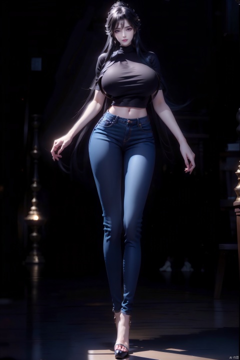  8k, [Masterpiece], standing, background blur, black background, staring at the viewer, simple background, Quality, Masterpiece, Ultra High resolution, Shadow, Full Body Portrait, full body, Girl, long black hair, Hidden hands, Large breasts, black turtleneck, dark blue skinny jeans, Heels, full body, Standing, black background, detailed eyes, Masterpiece, long legs