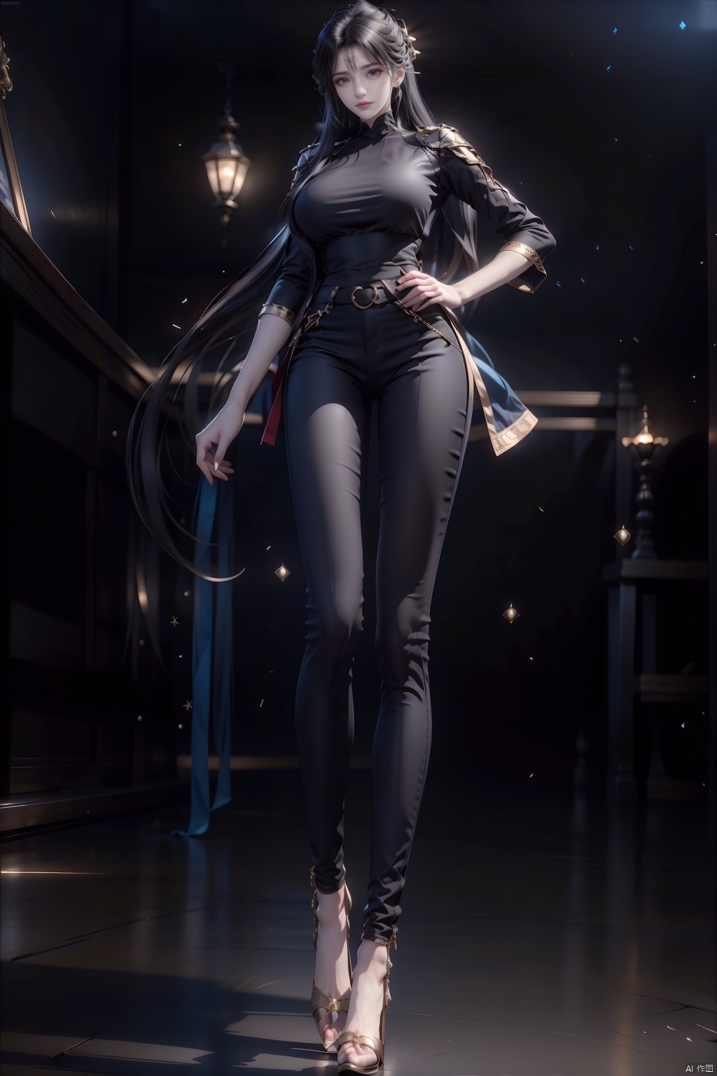  8k, [Masterpiece], standing, background blur, black background, staring at the viewer, simple background, Quality, Masterpiece, Ultra High resolution, Shadow, Full Body Portrait, full body, Girl, long black hair, Hidden hands, Large breasts, black turtleneck, dark blue skinny jeans, Heels, full body, Standing, black background, detailed eyes, Masterpiece, long legs