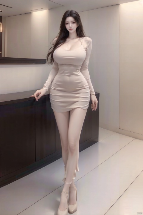 8k, [Masterpiece], standing, blurred background, black background, staring at the viewer, Simple background, Quality, Masterpiece, Ultra High resolution, Shadow, Full body Portrait, full body, Girl, HUBG Kafka, (purple hair), Kafka hairstyle, Hidden hand, (Big breast), dress, (brown dress :1.5), Heels, full body, Standing, Detailed eyes, black heels, masterpieces, long legs