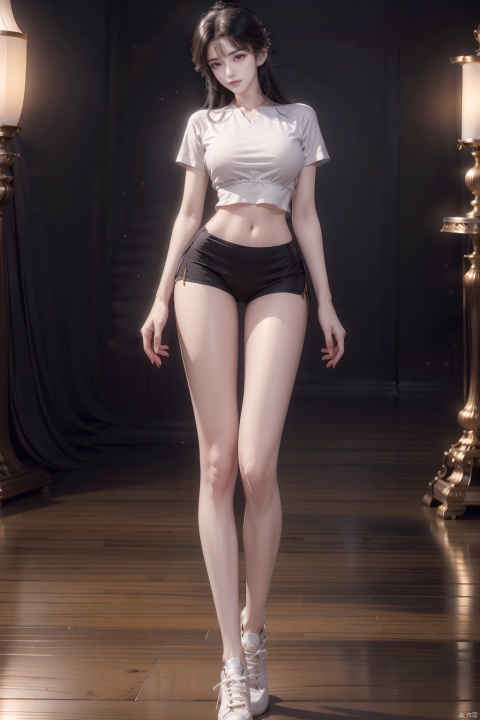  8k, [Masterpiece], standing, background blur, black background, staring at the viewer, Simple background, Quality, Masterpiece, Ultra High resolution, Shadow, Full Body Portrait, full body, Girl, long black hair, Hidden hands, large breasts, white yoga wear, white short sleeves, white tights, sneakers, full body, Standing, Black background, detailed eyes, Masterpiece, long legs