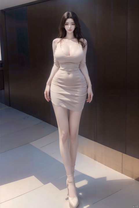 8k, [Masterpiece], standing, blurred background, black background, staring at the viewer, Simple background, Quality, Masterpiece, Ultra High resolution, Shadow, Full body Portrait, full body, Girl, HUBG Kafka, (purple hair), Kafka hairstyle, Hidden hand, (Big breast), dress, (brown dress :1.5), Heels, full body, Standing, Detailed eyes, black heels, masterpieces, long legs