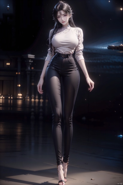  8k, [Masterpiece], standing, background blur, black background, staring at the viewer, simple background, Quality, Masterpiece, Ultra High resolution, Shadow, Full Body Portrait, full body, Girl, long black hair, Hidden hands, Large breasts, black turtleneck, dark blue skinny jeans, Heels, full body, Standing, black background, detailed eyes, Masterpiece, long legs