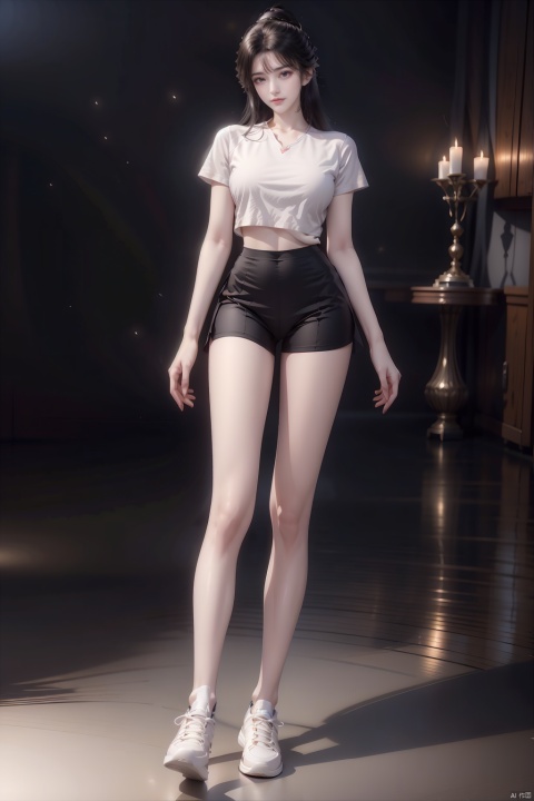  8k, [Masterpiece], standing, background blur, black background, staring at the viewer, Simple background, Quality, Masterpiece, Ultra High resolution, Shadow, Full Body Portrait, full body, Girl, long black hair, Hidden hands, large breasts, white yoga wear, white short sleeves, white tights, sneakers, full body, Standing, Black background, detailed eyes, Masterpiece, long legs