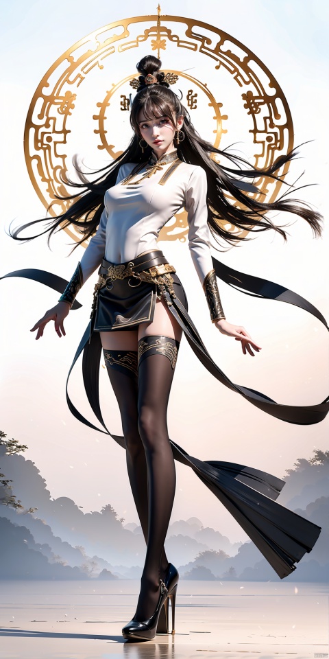  Masterpiece-level best_quality, concept artwork, a lonely solo girl, ,fashion,(mini skirt:1),Super long legs,, standing, realistic, Professionalstudio,highheels,trend,pantyhose,skinny,(big breasts:1.2), upshirt, 1girl, tutultb,Short skirt, Ink scattering_Chinese style, sssr