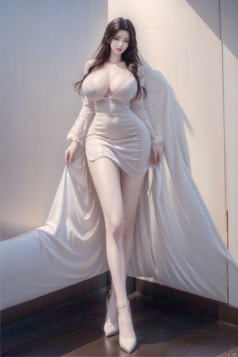 8k, [Masterpiece], standing, Blurred background, black background, staring at the viewer, Simple background, Quality, Masterpiece, Ultra High resolution, Shadow, Full Body Portrait, full body, Girl, HUBG Kafka, purple hair, Kafkaesque hairstyle, Hidden hand, (Big breast :1.5), dress, (brown dress), Heels, full body, Standing, Black background, Detailed eyes, black, heels, masterpieces, long legs