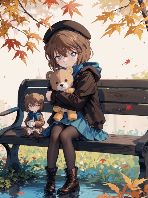  (((Short brown hair, blue eyes))), 1girl, solo, long_hair, looking_at_viewer, blush, bangs, skirt, brown_hair, hair_ornament, long_sleeves, hat, bow, holding, brown_eyes, sitting, very_long_hair, grey_hair, pantyhose, boots, outdoors, day, hairclip, hood, water, black_footwear, sweater, tree, cup, blue_skirt, black_jacket, sleeves_past_wrists, book, black_headwear, leaf, beret, watermark, brown_footwear, stuffed_toy, stuffed_animal, frilled_skirt, green_skirt, teddy_bear, brown_pantyhose, object_hug, brown_headwear, covered_mouth, bench, autumn_leaves, disposable_cup, maple_leaf, holding_stuffed_toy, autumn, coffee_cup, on_bench, nai3, aihaibara