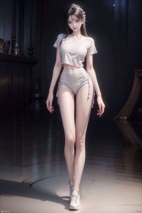  8k, [Masterpiece], standing, background blur, black background, staring at the viewer, Simple background, Quality, Masterpiece, Ultra High resolution, Shadow, Full Body Portrait, full body, Girl, long black hair, Hidden hands, large breasts, white yoga wear, white short sleeves, white tights, sneakers, full body, Standing, Black background, detailed eyes, Masterpiece, long legs