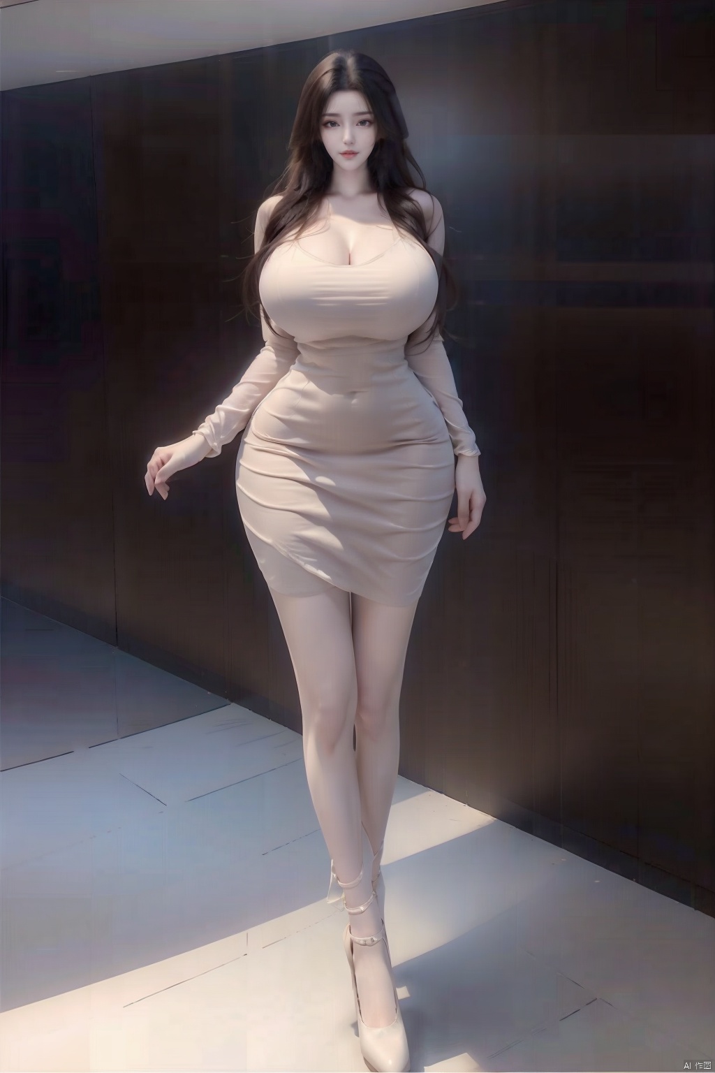 8k, [Masterpiece], standing, blurred background, black background, staring at the viewer, Simple background, Quality, Masterpiece, Ultra High resolution, Shadow, Full body Portrait, full body, Girl, HUBG Kafka, (purple hair), Kafka hairstyle, Hidden hand, (Big breast), dress, (brown dress :1.5), Heels, full body, Standing, Detailed eyes, black heels, masterpieces, long legs,ll-hd