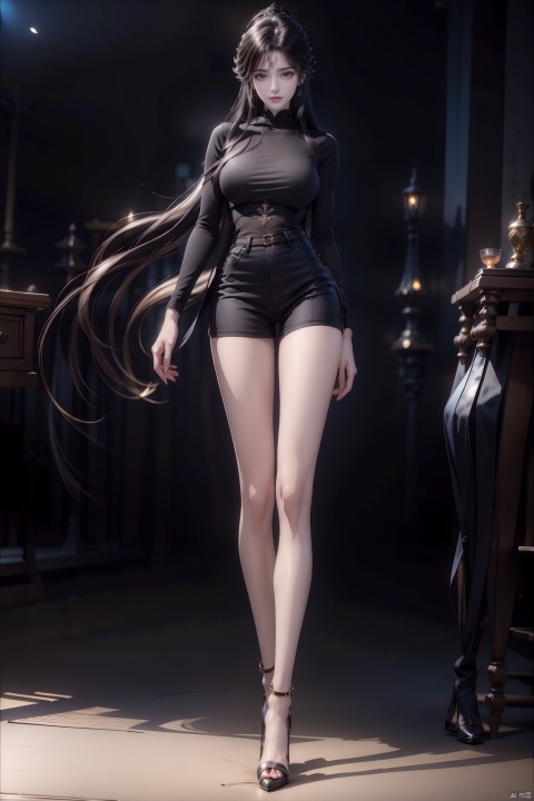  8k, [Masterpiece], standing, background blur, black background, staring at the viewer, simple background, Quality, Masterpiece, Ultra High resolution, Shadow, Full Body Portrait, full body, Girl, long black hair, Hidden hands, Large breasts, black turtleneck, dark blue skinny jeans, Heels, full body, Standing, black background, detailed eyes, Masterpiece, long legs