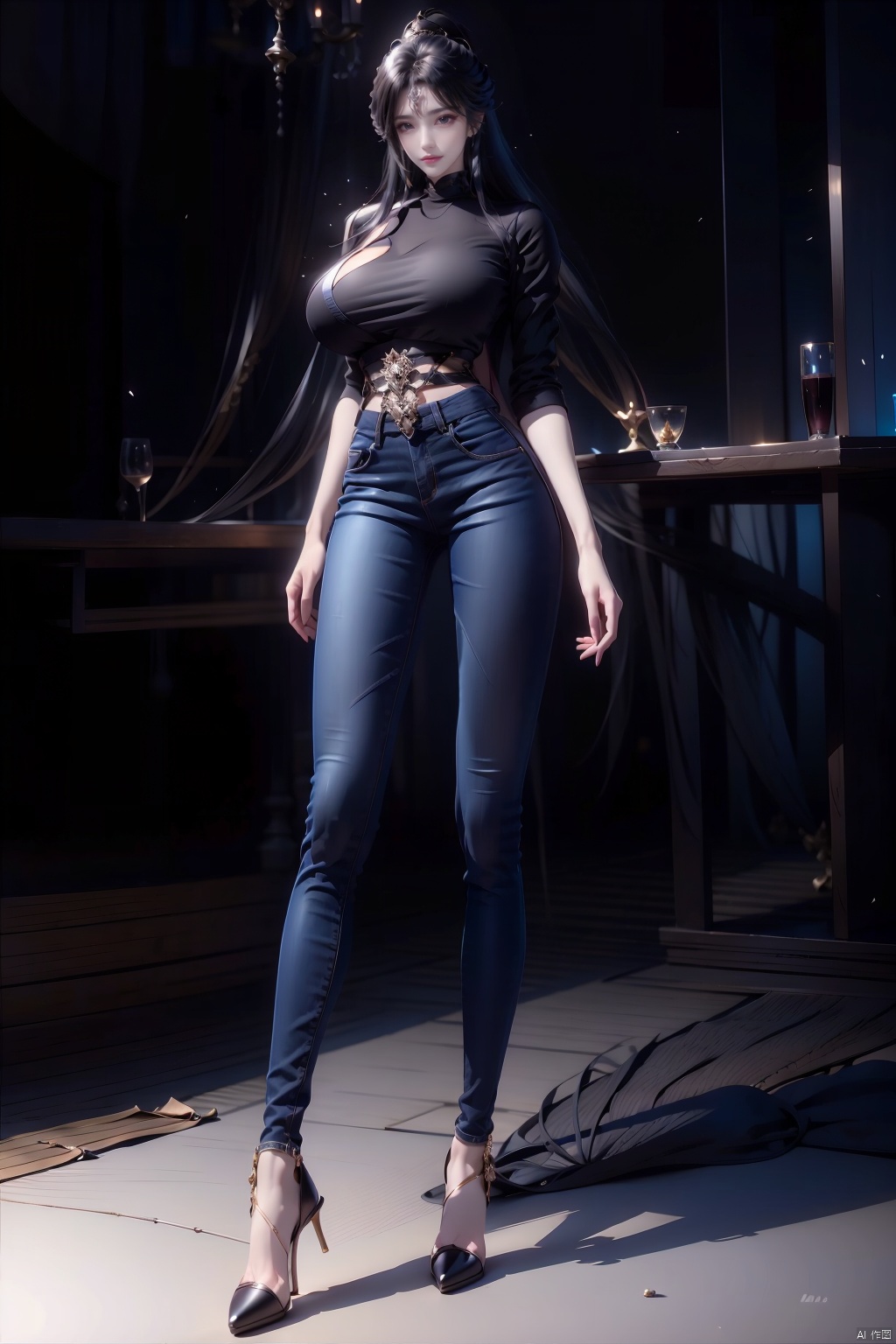  8k, [Masterpiece], standing, background blur, black background, staring at the viewer, simple background, Quality, Masterpiece, Ultra High resolution, Shadow, Full Body Portrait, full body, Girl, long black hair, Hidden hands, Large breasts, black turtleneck, dark blue skinny jeans, Heels, full body, Standing, black background, detailed eyes, Masterpiece, long legs