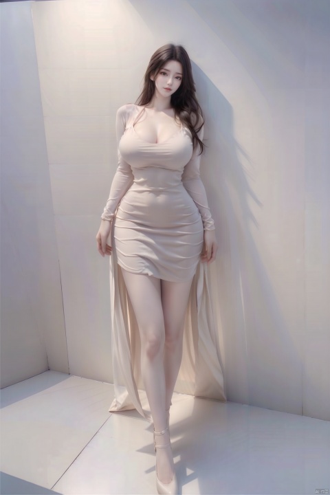 8k, [Masterpiece], standing, blurred background, black background, staring at the viewer, Simple background, Quality, Masterpiece, Ultra High resolution, Shadow, Full body Portrait, full body, Girl, HUBG Kafka, (purple hair), Kafka hairstyle, Hidden hand, (Big breast), dress, (brown dress :1.5), Heels, full body, Standing, Detailed eyes, black heels, masterpieces, long legs