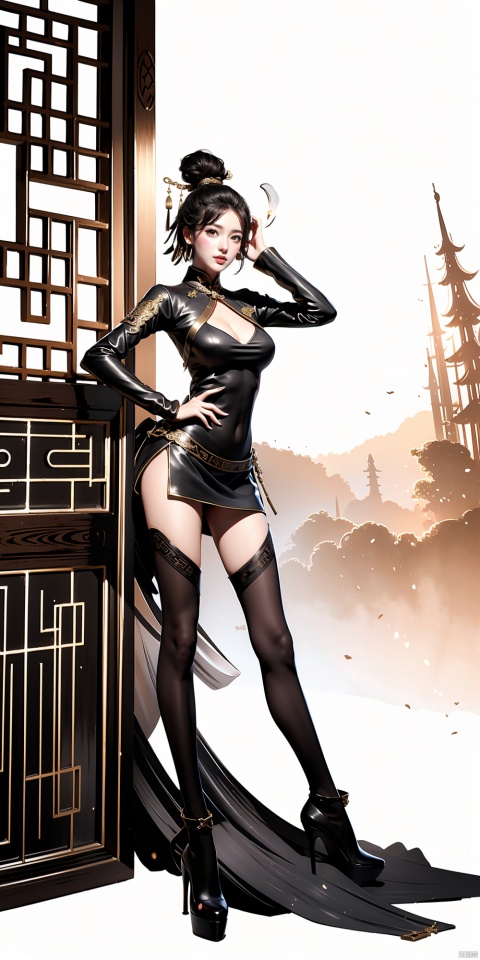  Masterpiece-level best_quality, concept artwork, a lonely solo girl, ,fashion,(mini skirt:1),Super long legs,, standing, realistic, Professionalstudio,highheels,trend,pantyhose,skinny,(big breasts:1.2), upshirt, 1girl, tutultb,Short skirt, Ink scattering_Chinese style, sssr