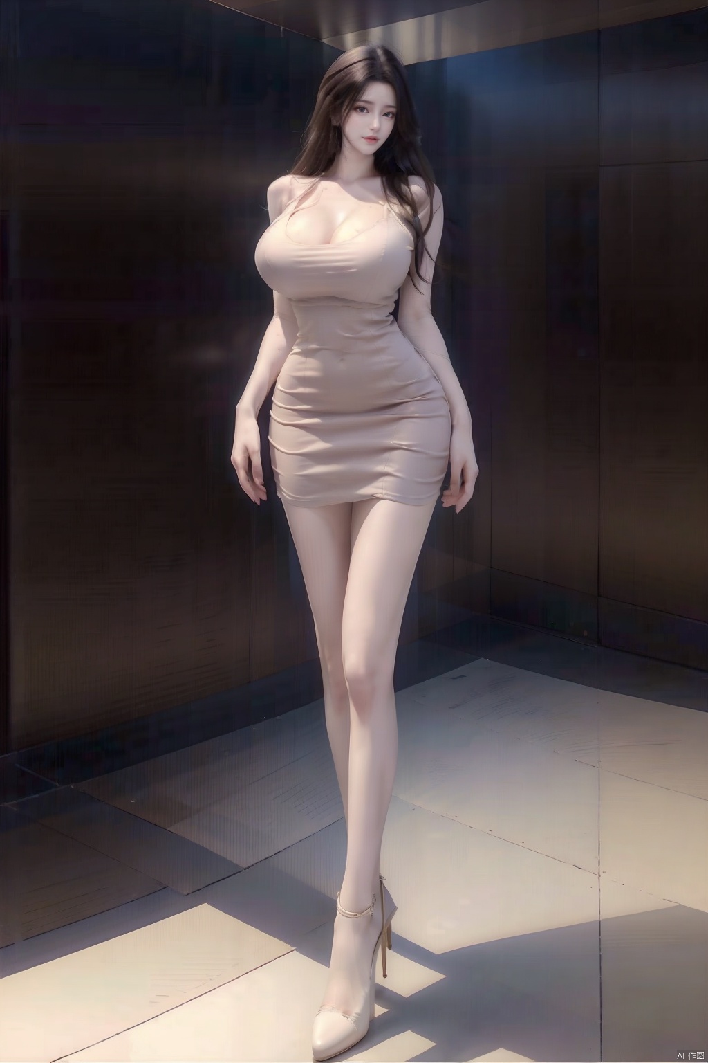 8k, [Masterpiece], standing, blurred background, black background, staring at the viewer, Simple background, Quality, Masterpiece, Ultra High resolution, Shadow, Full body Portrait, full body, Girl, HUBG Kafka, (purple hair), Kafka hairstyle, Hidden hand, (Big breast), dress, (brown dress :1.5), Heels, full body, Standing, Detailed eyes, black heels, masterpieces, long legs,ll-hd