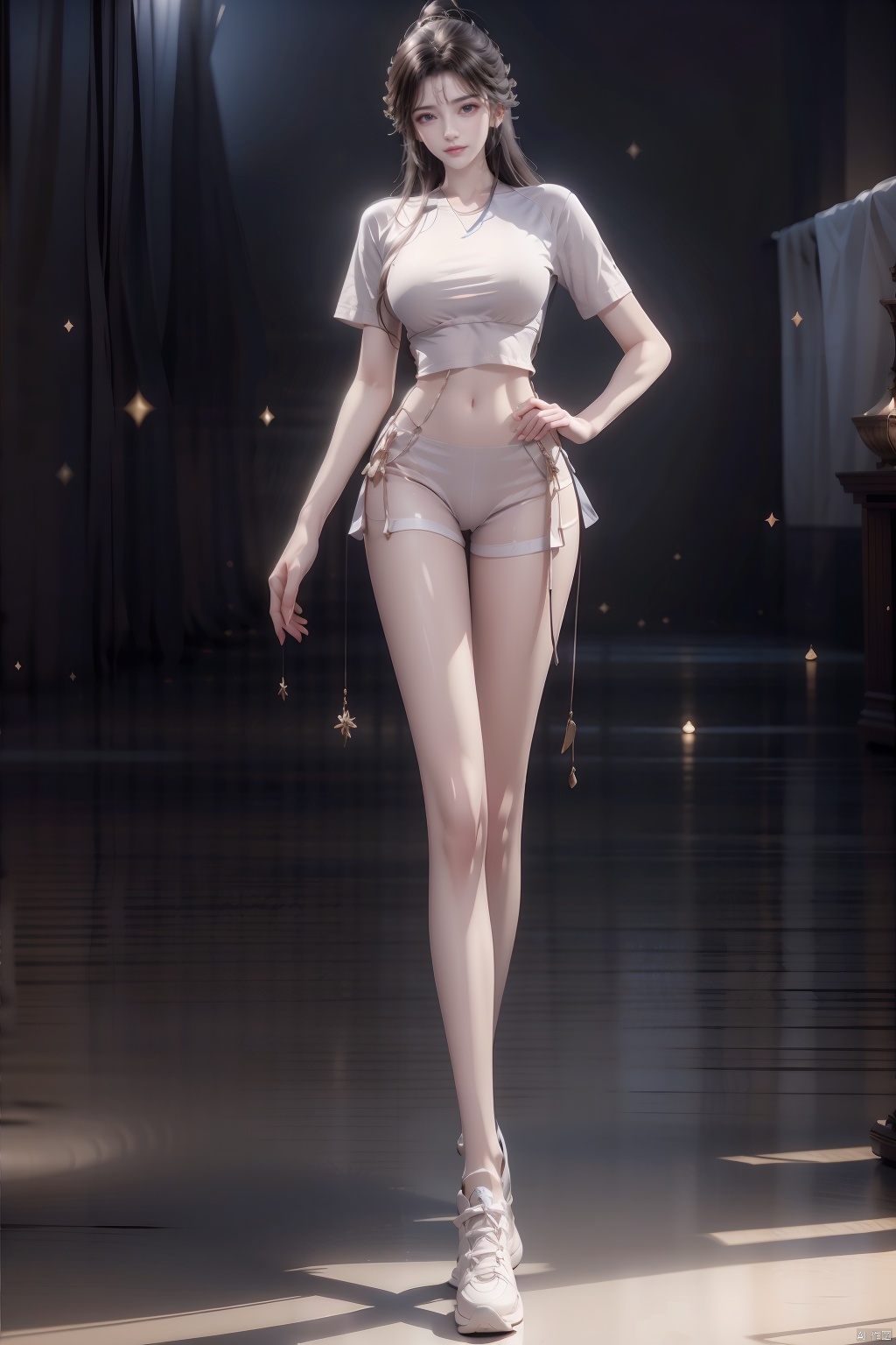  8k, [Masterpiece], standing, background blur, black background, staring at the viewer, Simple background, Quality, Masterpiece, Ultra High resolution, Shadow, Full Body Portrait, full body, Girl, long black hair, Hidden hands, large breasts, white yoga wear, white short sleeves, white tights, sneakers, full body, Standing, Black background, detailed eyes, Masterpiece, long legs