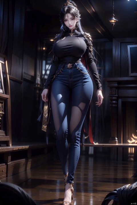  8k, [Masterpiece], standing, background blur, black background, staring at the viewer, simple background, Quality, Masterpiece, Ultra High resolution, Shadow, Full Body Portrait, full body, Girl, long black hair, Hidden hands, Large breasts, black turtleneck, dark blue skinny jeans, Heels, full body, Standing, black background, detailed eyes, Masterpiece, long legs