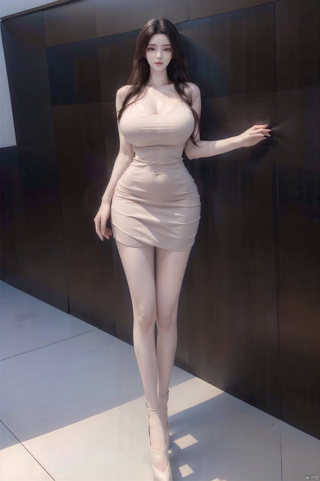 8k, [Masterpiece], standing, blurred background, black background, staring at the viewer, Simple background, Quality, Masterpiece, Ultra High resolution, Shadow, Full body Portrait, full body, Girl, HUBG Kafka, (purple hair), Kafka hairstyle, Hidden hand, (Big breast), dress, (brown dress :1.5), Heels, full body, Standing, Detailed eyes, black heels, masterpieces, long legs