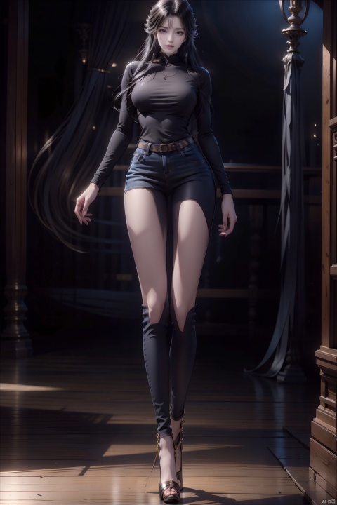 8k, [Masterpiece], standing, background blur, black background, staring at the viewer, simple background, Quality, Masterpiece, Ultra High resolution, Shadow, Full Body Portrait, full body, Girl, long black hair, Hidden hands, Large breasts, black turtleneck, dark blue skinny jeans, Heels, full body, Standing, black background, detailed eyes, Masterpiece, long legs
