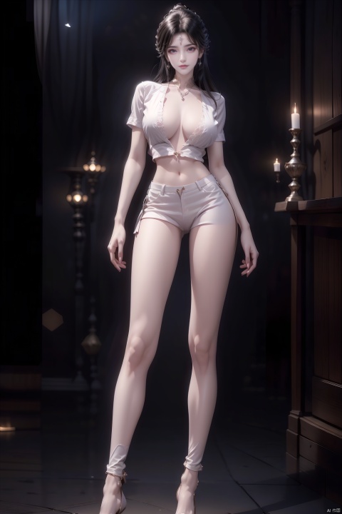8 k, [work], standing, background blur, black background, staring at the audience, simple background, quality, masterpiece, ultra-high resolution, shadow, body image, body, girl, pendant earrings, black long hair, hidden hand, big boobs, white collar shirt, white collar, navel, tight black jeans, high-heeled shoes, the whole body, to stand, black background, Detailed eyes, masterpieces, long legs