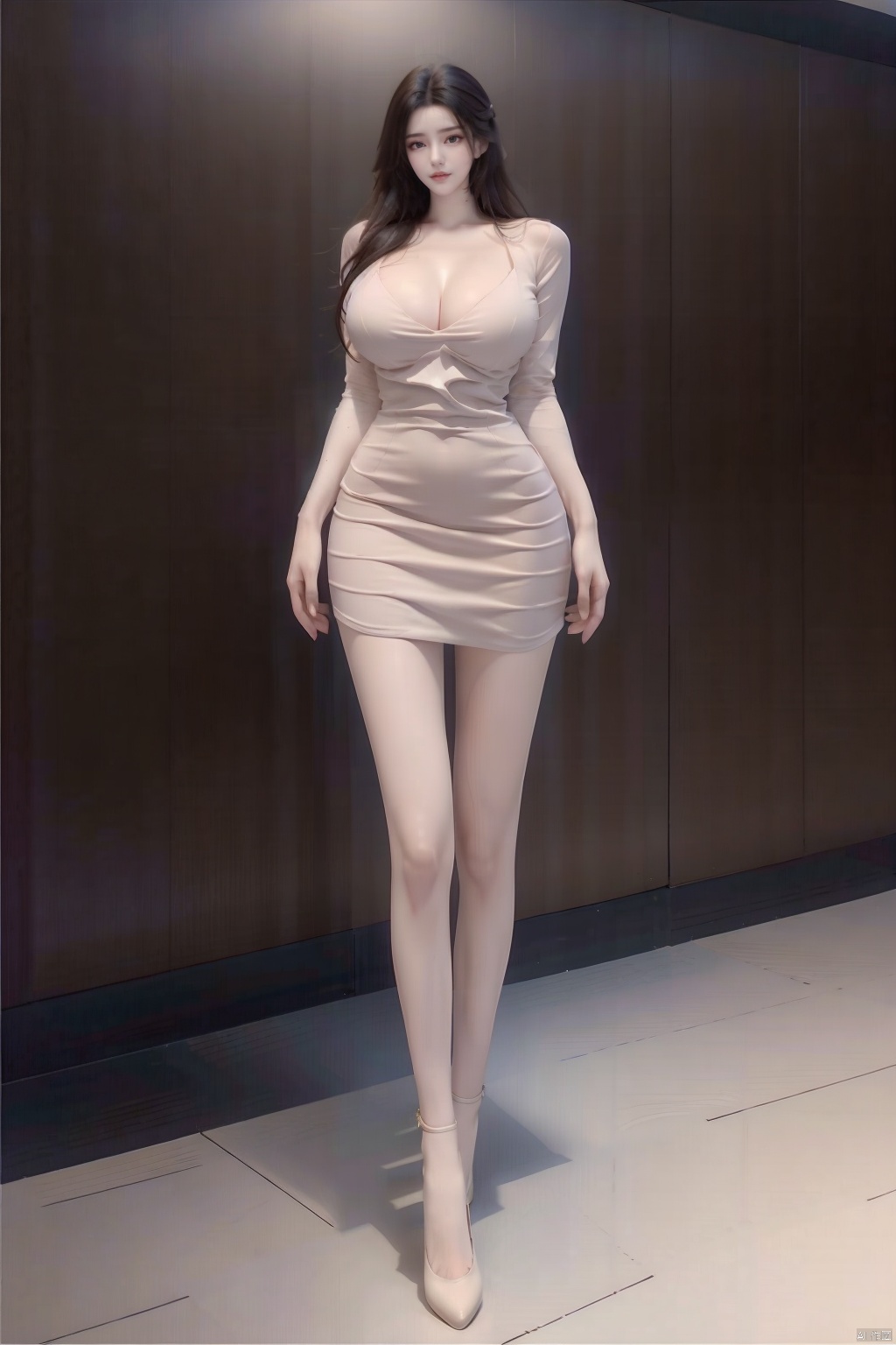 8k, [Masterpiece], standing, blurred background, black background, staring at the viewer, Simple background, Quality, Masterpiece, Ultra High resolution, Shadow, Full body Portrait, full body, Girl, HUBG Kafka, (purple hair), Kafka hairstyle, Hidden hand, (Big breast), dress, (brown dress :1.5), Heels, full body, Standing, Detailed eyes, black heels, masterpieces, long legs