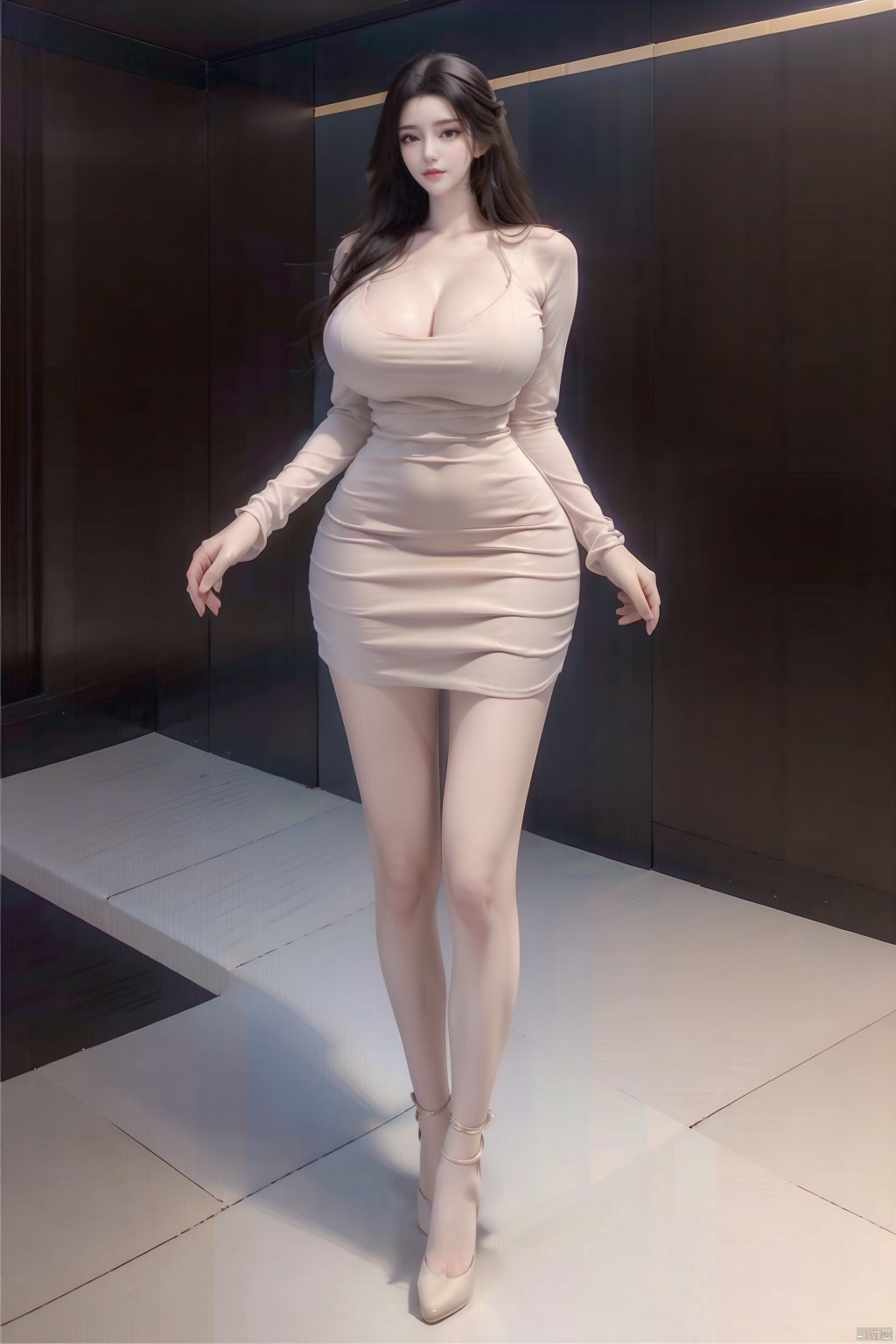 8k, [Masterpiece], standing, blurred background, black background, staring at the viewer, Simple background, Quality, Masterpiece, Ultra High resolution, Shadow, Full body Portrait, full body, Girl, HUBG Kafka, (purple hair), Kafka hairstyle, Hidden hand, (Big breast), dress, (brown dress :1.5), Heels, full body, Standing, Detailed eyes, black heels, masterpieces, long legs