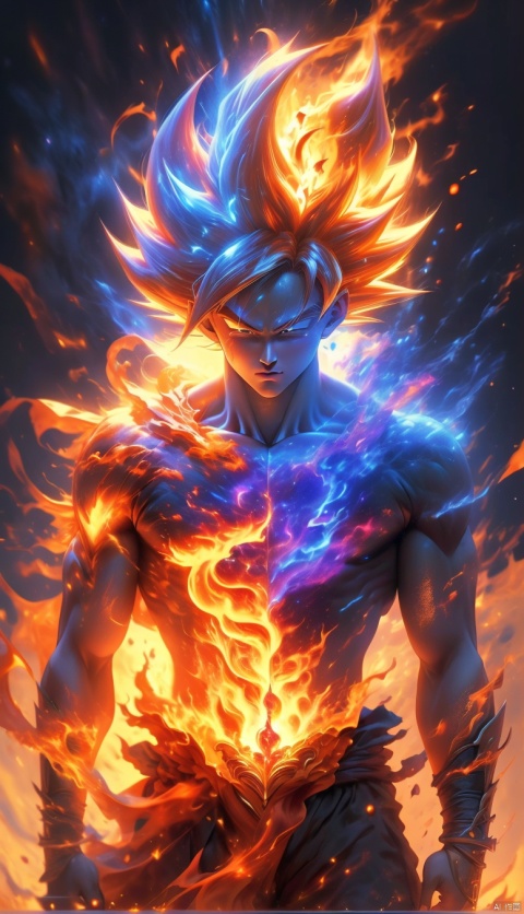  masterpiece, 1boy, Look at me, Long hair, Flame, A magical scene, glowing, Floating hair, realistic, Nebula, An incredible picture, The magic array behind it, Stand, textured skin, super detail, best quality, songoku