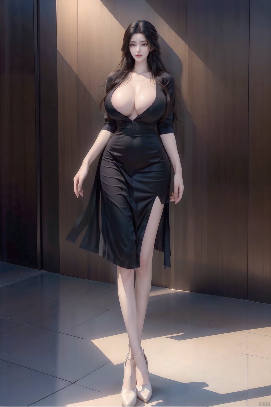 8k, [Masterpiece], standing, Blurred background, black background, staring at the viewer, Simple background, Quality, Masterpiece, Ultra High resolution, Shadow, Full Body Portrait, full body, Girl, HUBG Kafka, purple hair, Kafkaesque hairstyle, Hidden hand, (Big breast :1.5), dress, (brown dress), Heels, full body, Standing, Black background, Detailed eyes, black, heels, masterpieces, long legs