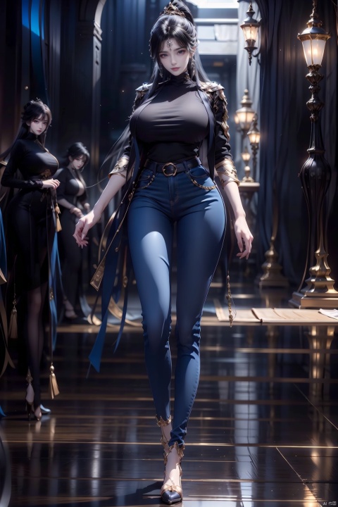  8k, [Masterpiece], standing, background blur, black background, staring at the viewer, simple background, Quality, Masterpiece, Ultra High resolution, Shadow, Full Body Portrait, full body, Girl, long black hair, Hidden hands, Large breasts, black turtleneck, dark blue skinny jeans, Heels, full body, Standing, black background, detailed eyes, Masterpiece, long legs