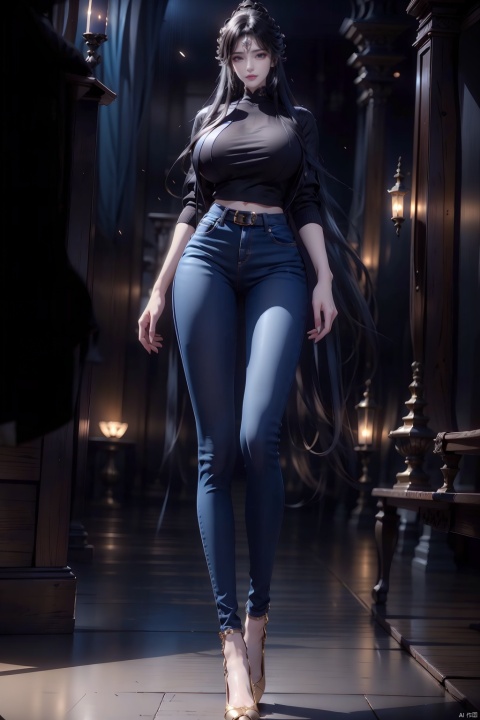  8k, [Masterpiece], standing, background blur, black background, staring at the viewer, simple background, Quality, Masterpiece, Ultra High resolution, Shadow, Full Body Portrait, full body, Girl, long black hair, Hidden hands, Large breasts, black turtleneck, dark blue skinny jeans, Heels, full body, Standing, black background, detailed eyes, Masterpiece, long legs