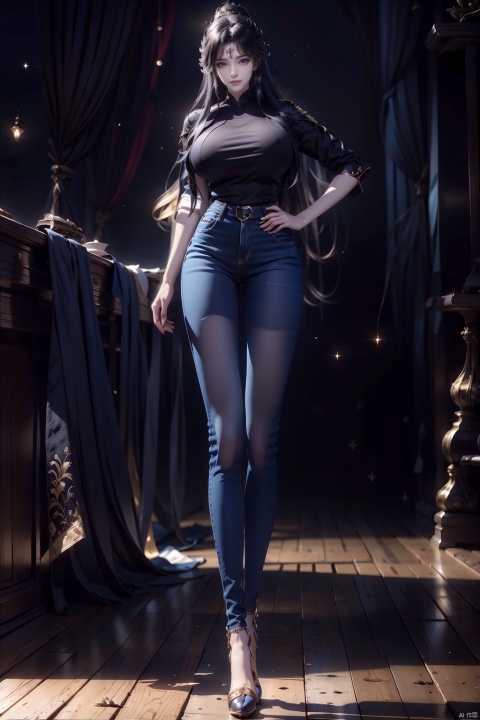  8k, [Masterpiece], standing, background blur, black background, staring at the viewer, simple background, Quality, Masterpiece, Ultra High resolution, Shadow, Full Body Portrait, full body, Girl, long black hair, Hidden hands, Large breasts, black turtleneck, dark blue skinny jeans, Heels, full body, Standing, black background, detailed eyes, Masterpiece, long legs